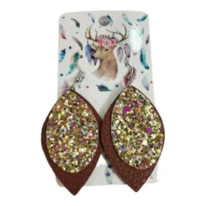 2 layer gold and brown glitter Faux Leather Dangle Chic Lightweight Earring 2br4
